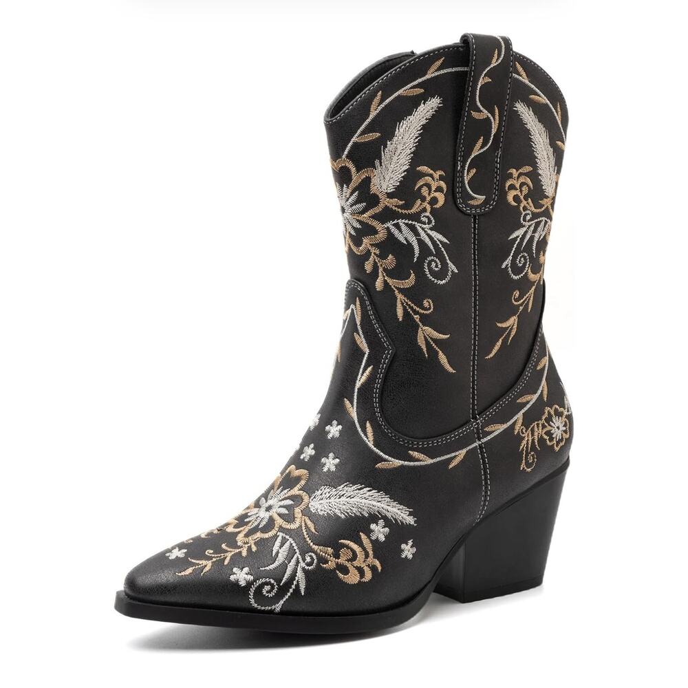 ANJOUFEMME Western Women's Cowboy Boots Embroidered Round toe mid calf Black 6